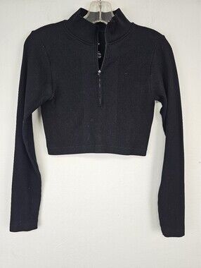 Black Top Cropped Stretch Rib Quarter-Zip Long Sleeve Sz M Minimalist Lagenlook